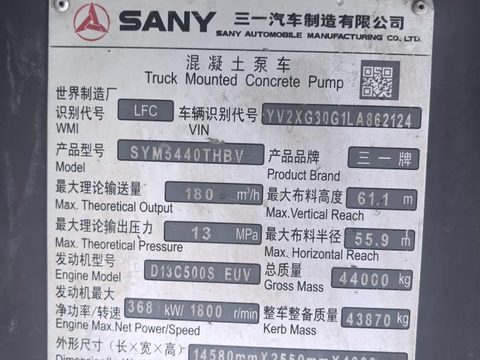 2020 年 SANY 62 m 泵车 ·